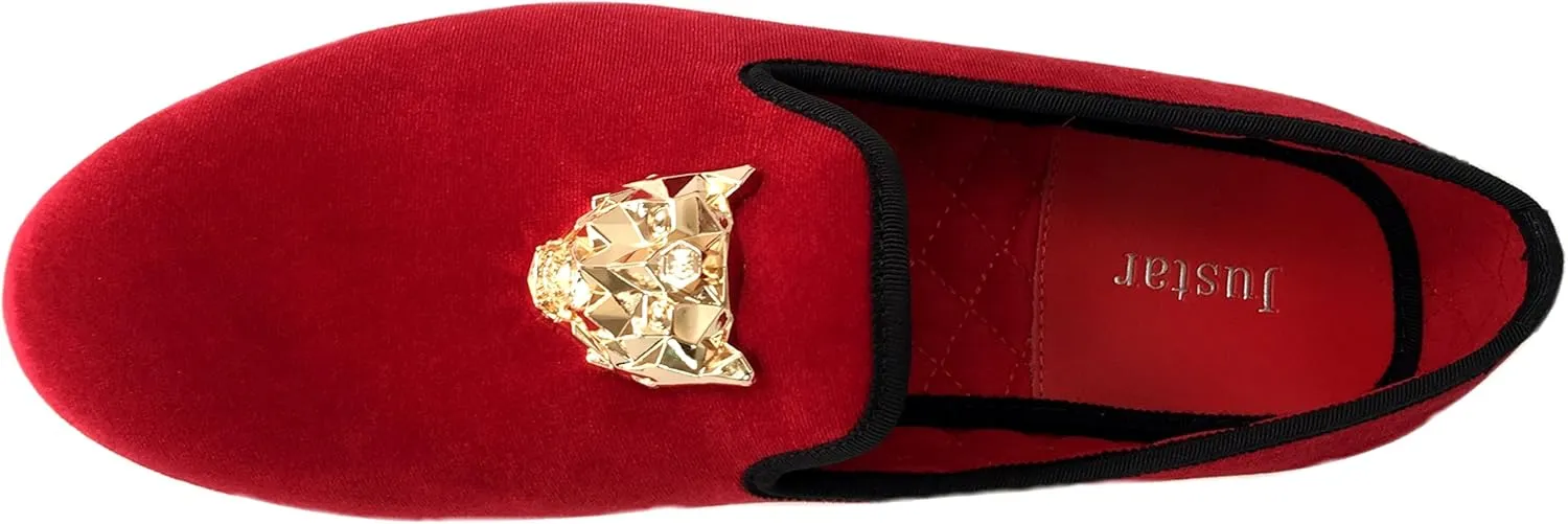 Justar Men's Velvet Loafers Slip-on Dress Shoes with Gold Buckle Penny Loafer Red Slippers Flats