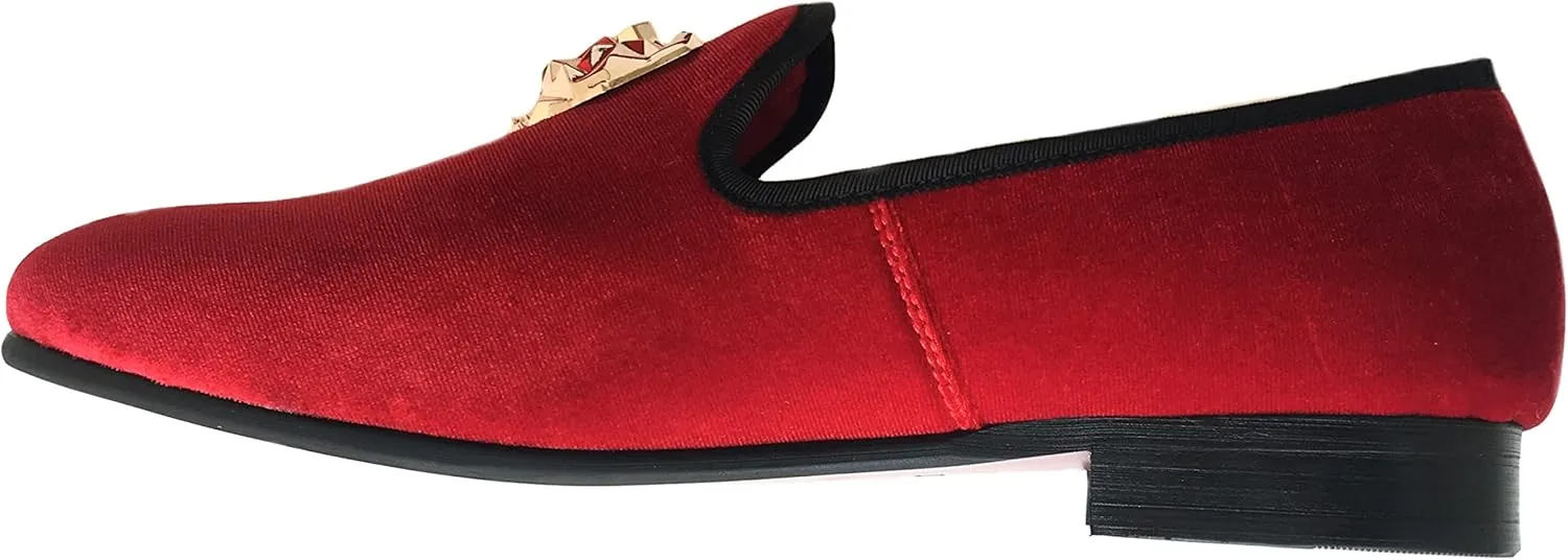 Justar Men's Velvet Loafers Slip-on Dress Shoes with Gold Buckle Penny Loafer Red Slippers Flats