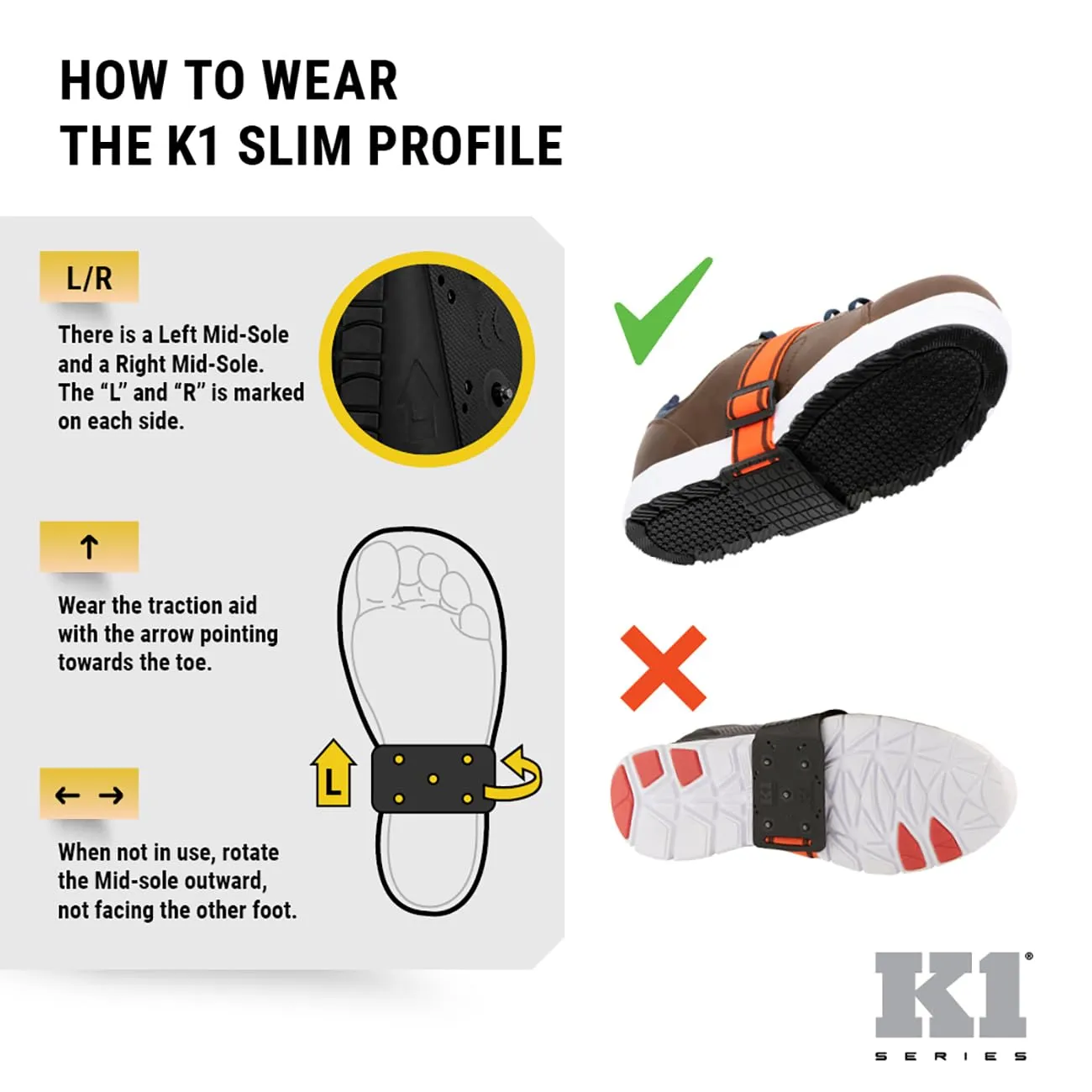 K1 Mid-Sole Ice Cleats - Rotatable Traction Aids For Flat Shoes - Indoor/Outdoor, Climbing, Driving - Slim Profile - Orange