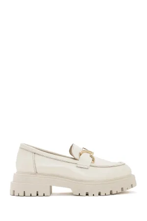 Kadın Krem Deri Maskülen Loafer