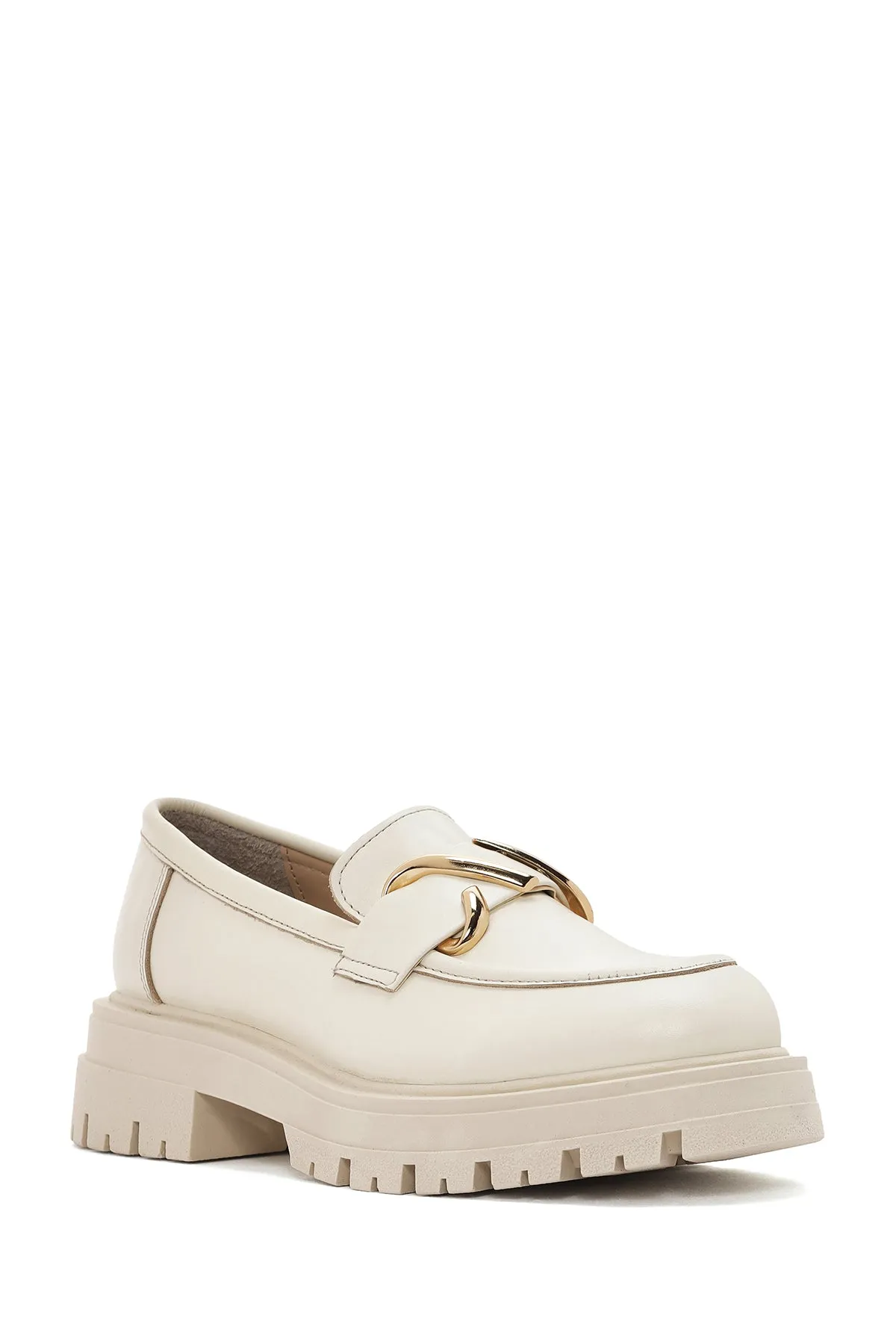 Kadın Krem Deri Maskülen Loafer