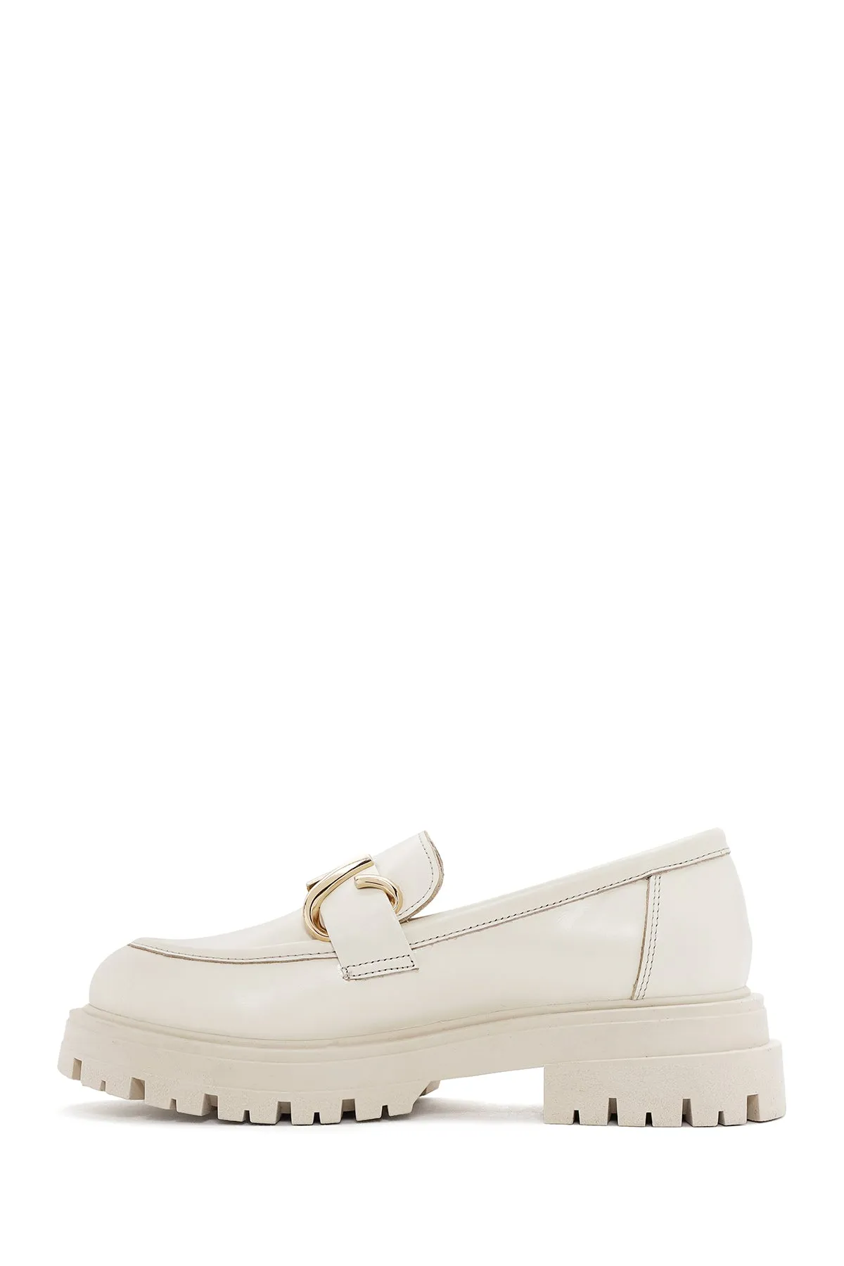 Kadın Krem Deri Maskülen Loafer