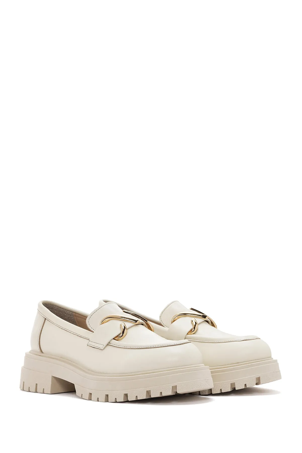 Kadın Krem Deri Maskülen Loafer