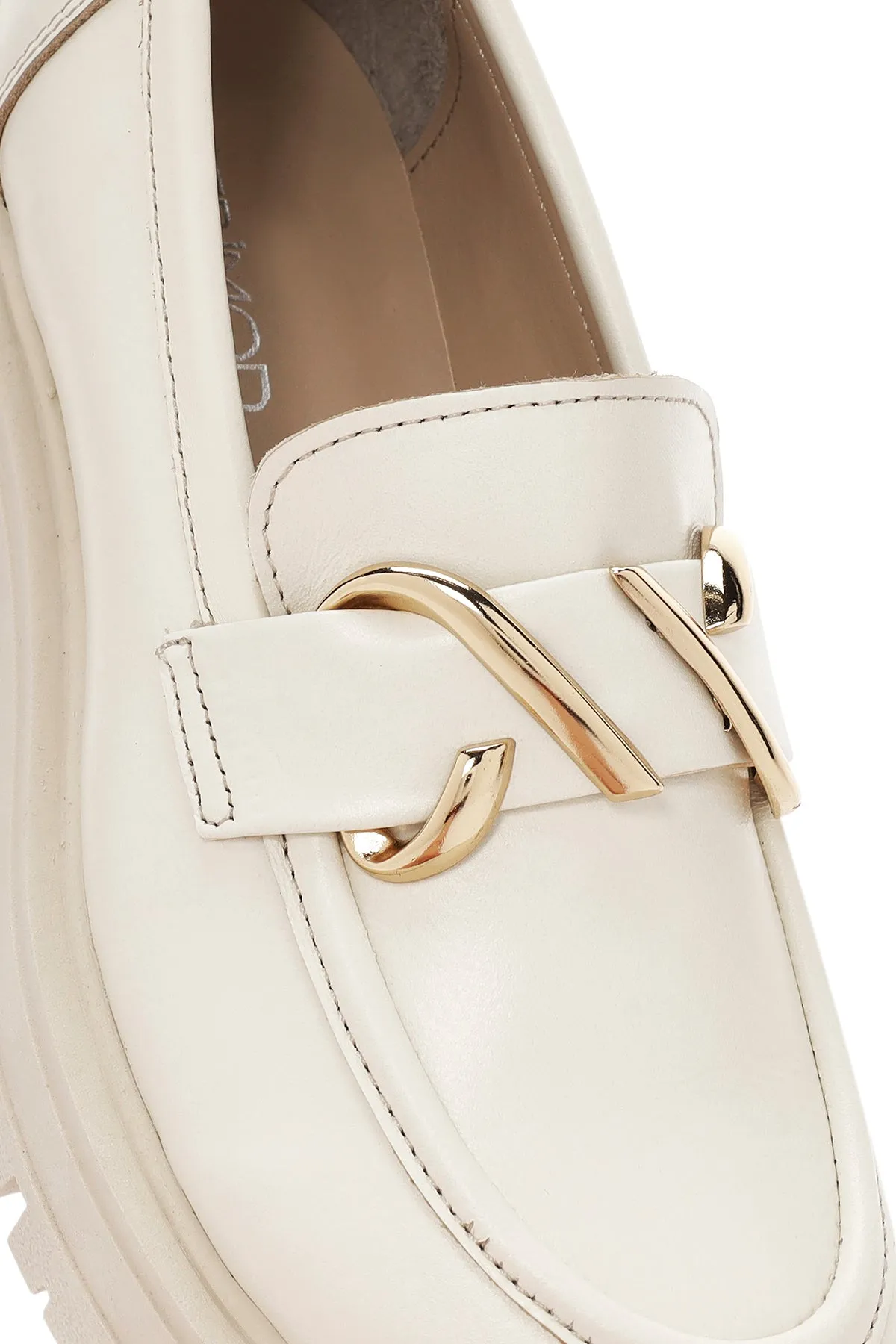 Kadın Krem Deri Maskülen Loafer