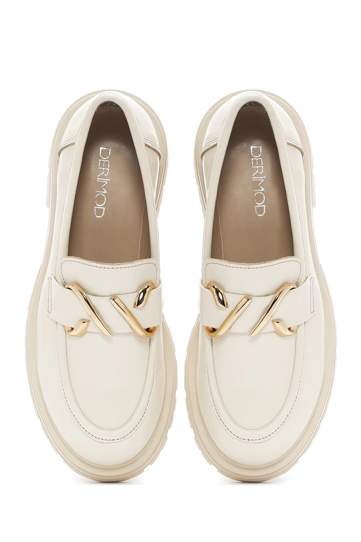 Kadın Krem Deri Maskülen Loafer