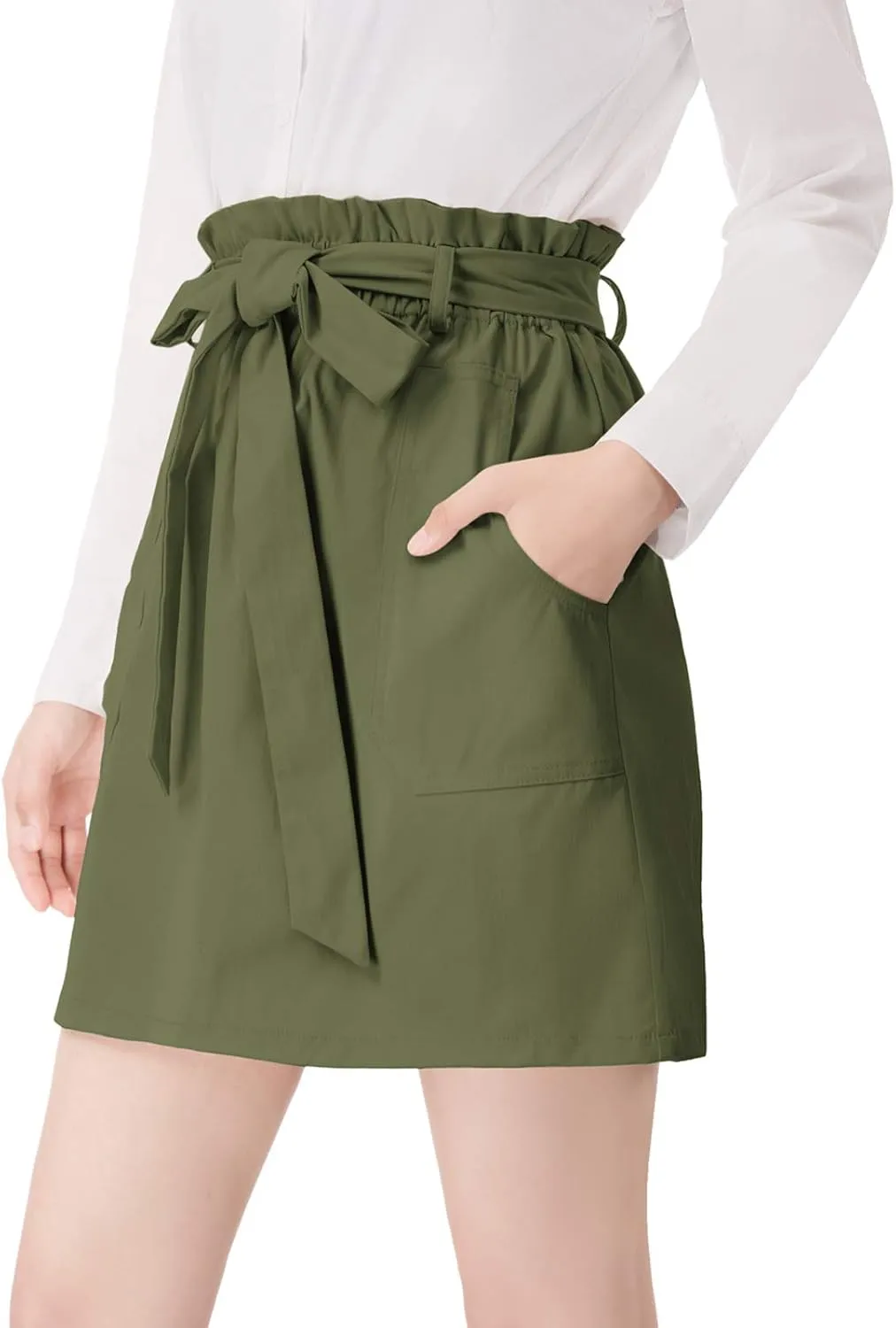 KANCY KOLE Women's Casual High Waist A Line Skirt Paper Bag Elastic Waist Short Skirt with Pockets S-XXL