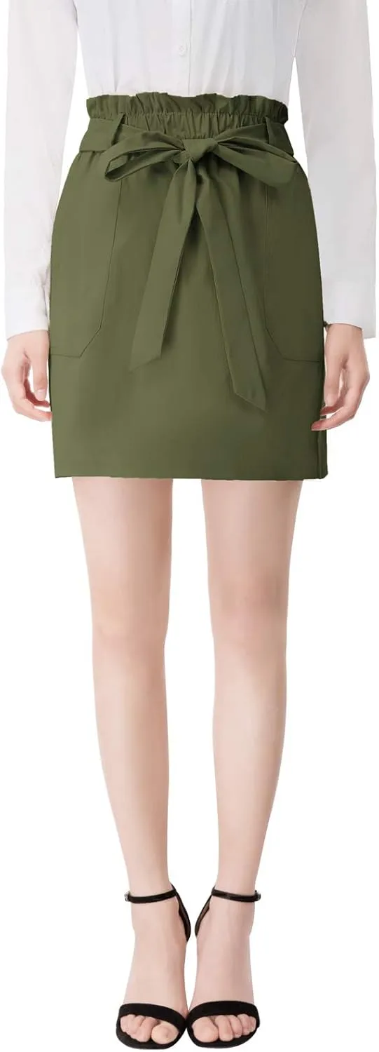KANCY KOLE Women's Casual High Waist A Line Skirt Paper Bag Elastic Waist Short Skirt with Pockets S-XXL