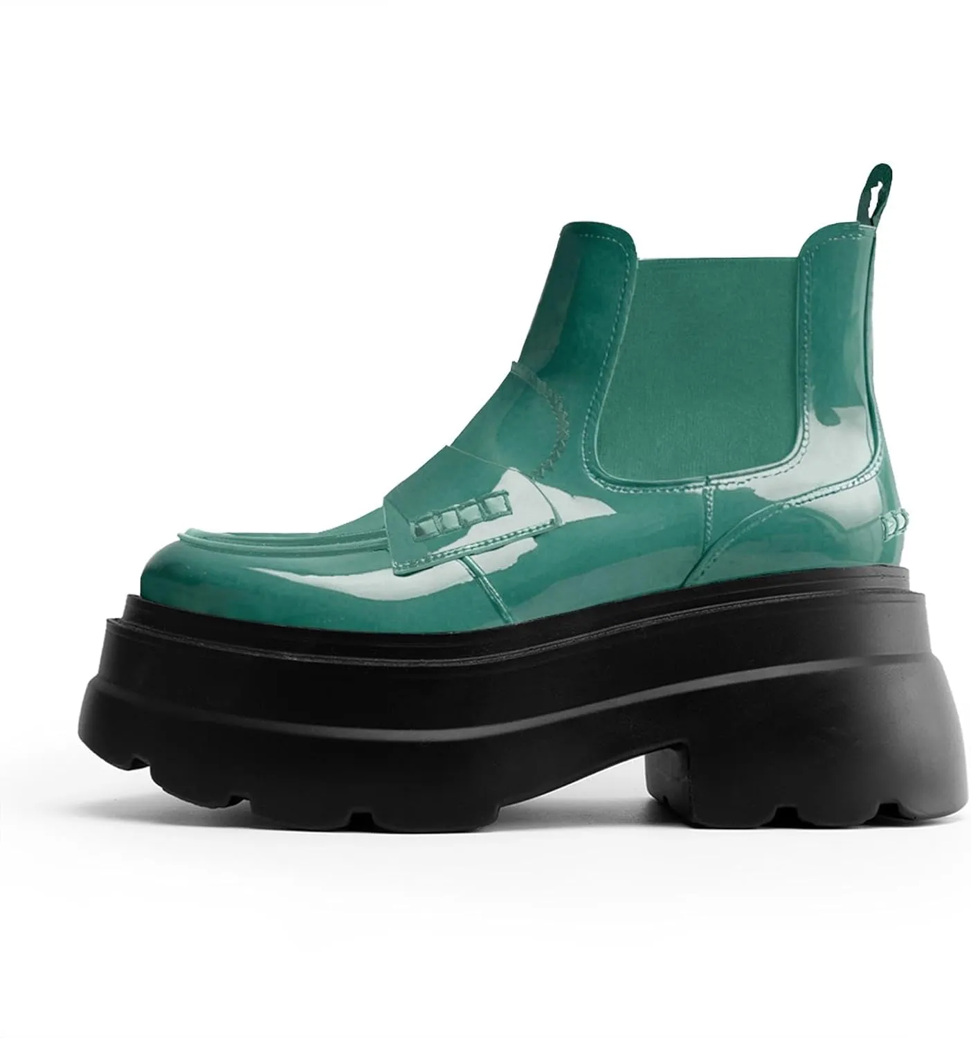 KaroNairy Platform Ankle Boots for Women Chelsea Boots Round Toe Chunky Heel Slip on Lug Sole Short Boots Black