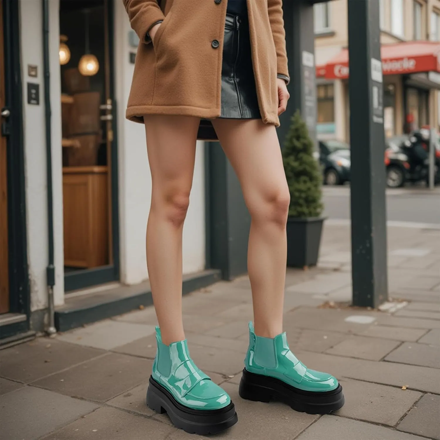KaroNairy Platform Ankle Boots for Women Chelsea Boots Round Toe Chunky Heel Slip on Lug Sole Short Boots Black