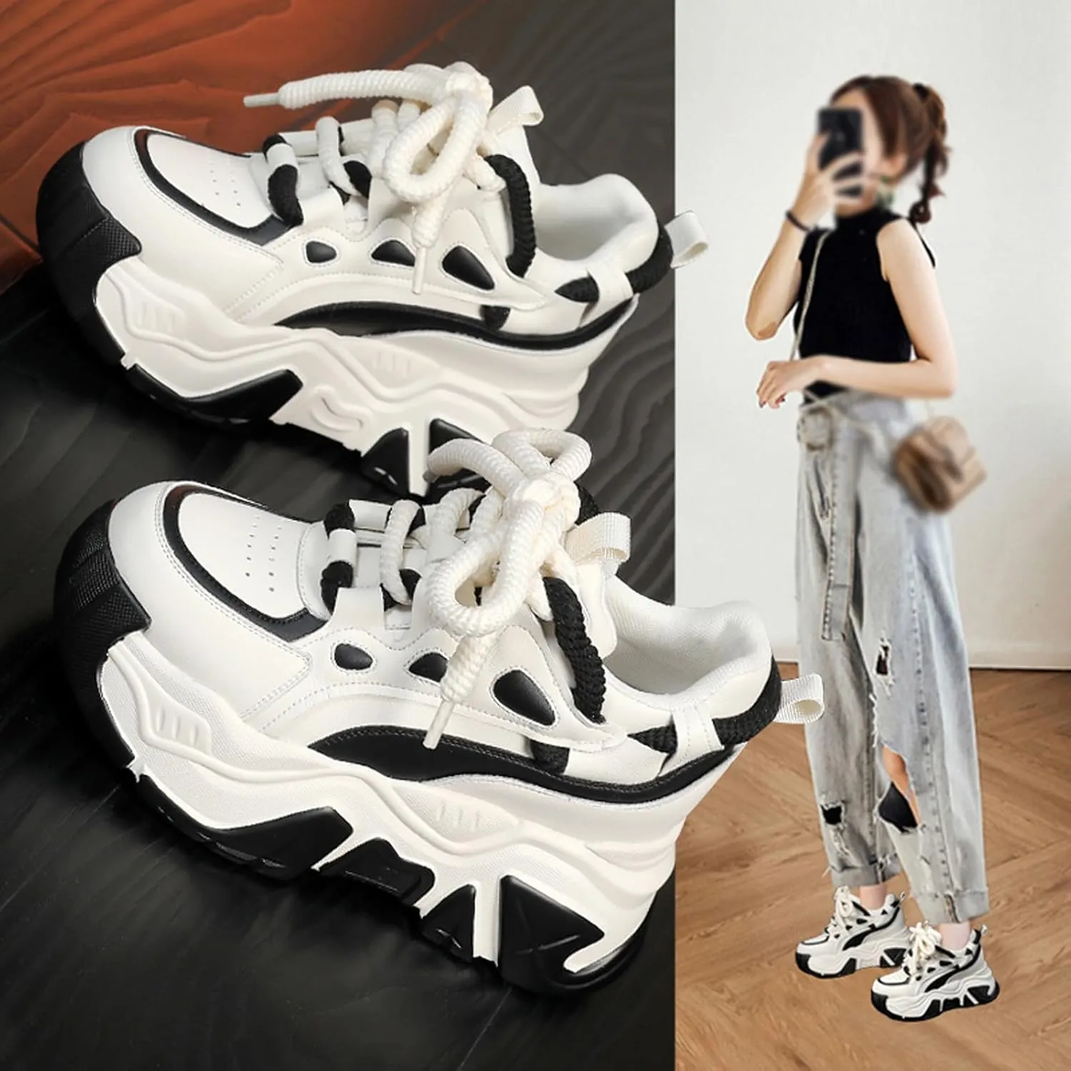KCTRFSJ Women's Lace-up Chunky Platform Casual Sneakers,Fashion Round Toe Low Top Breathable Dad Shoes,Comfortable Non-Slip Height Increase Sport Shoes