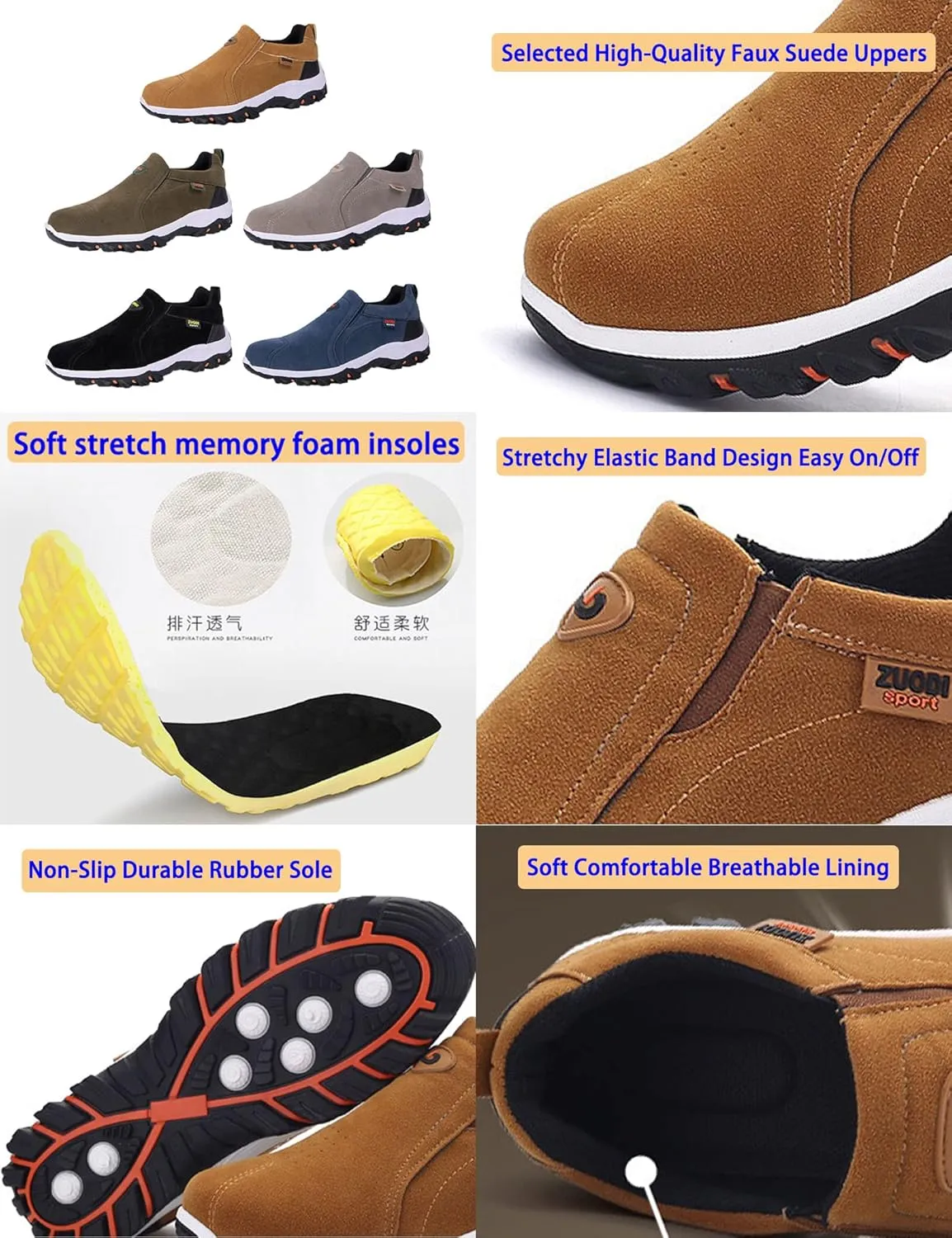 Keilinia Men's Suede Waterproof Hiking Shoes,Outdoors Lightweight Comfy Arch Support Low-top Non-Slip Trekking Slip on Sneakers