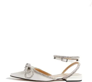 keleimusi Diamant Wrap Ankle Strap Flat Mules Crystal Bow Pointed Toe Comfort Satin Sandals