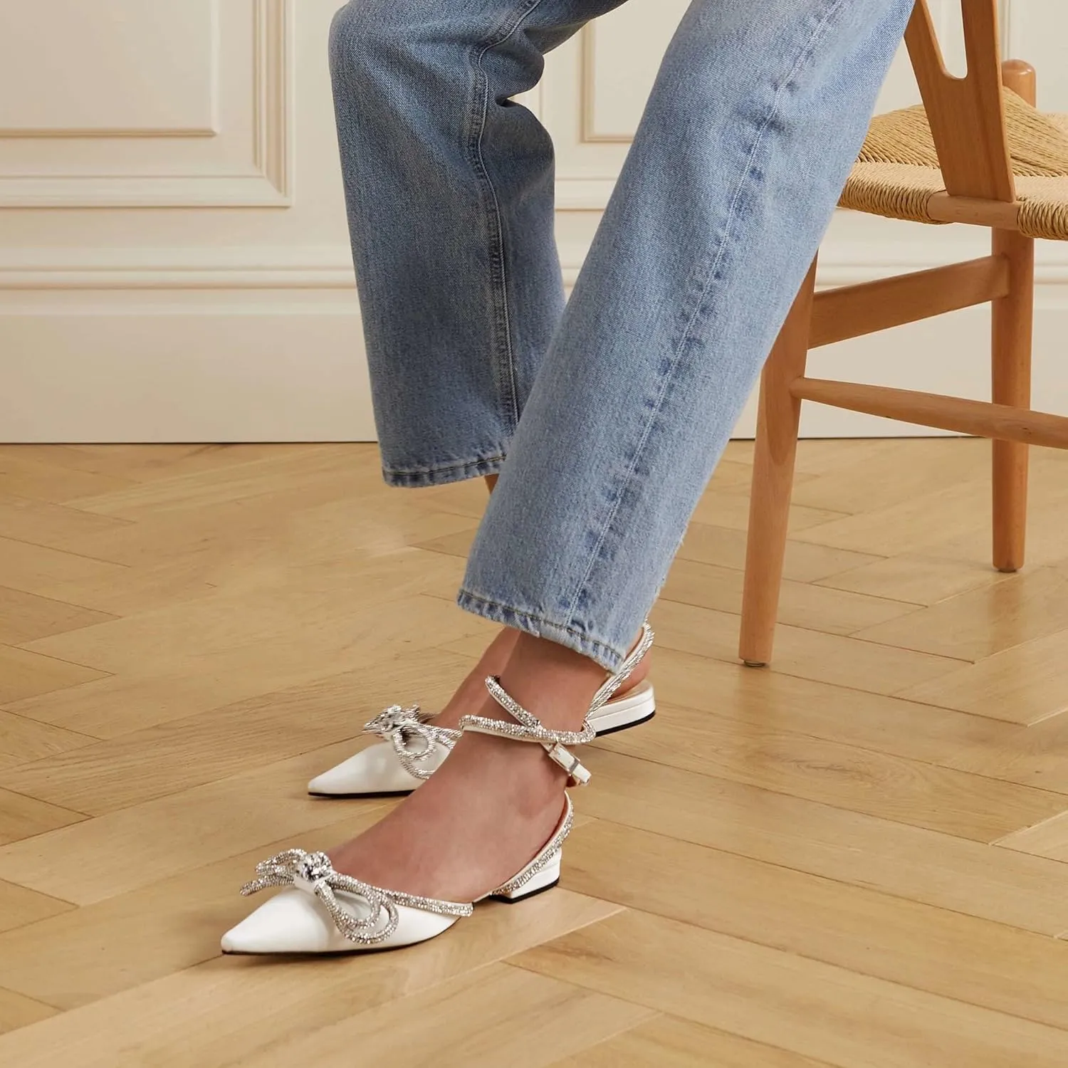 keleimusi Diamant Wrap Ankle Strap Flat Mules Crystal Bow Pointed Toe Comfort Satin Sandals