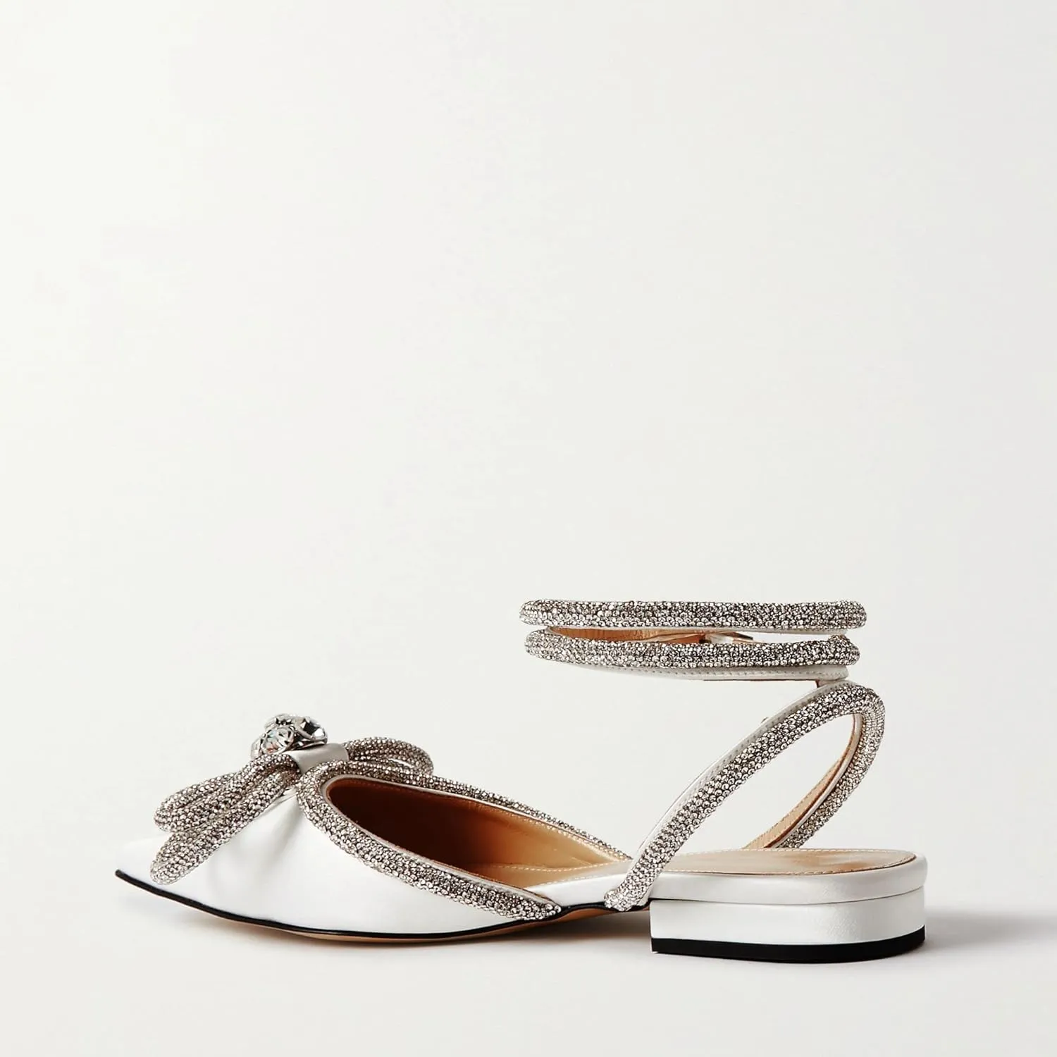 keleimusi Diamant Wrap Ankle Strap Flat Mules Crystal Bow Pointed Toe Comfort Satin Sandals