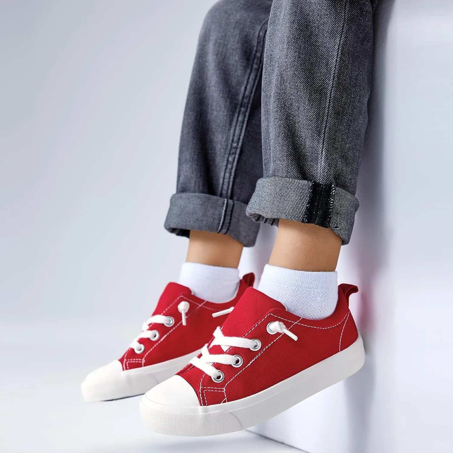 Kids' Low-Top Slip-On Cotton Sneakers, Classic Lace-Up Canvas Shoes for Girls Boys