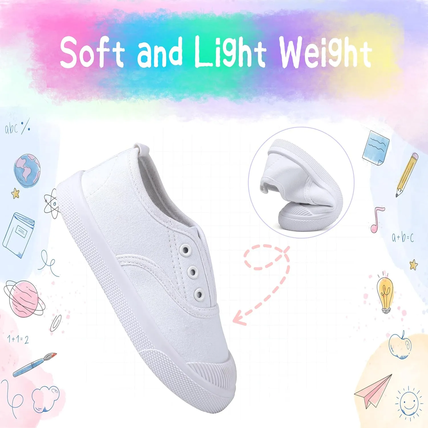 Kids White Shoes Toddlers Canvas Sneakers Slip-on Light Weight Comfortable Causal Running Shoes Skin-Friendly for Boys Girls