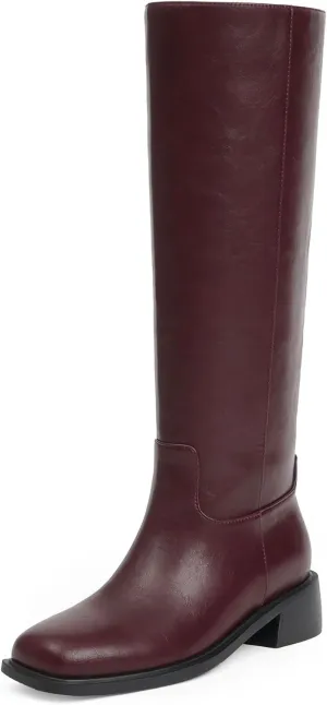 Knee High Boots Women Faux Leather Slip on Boots Low Heel Square Toe Fall Long Tall Boots for Women