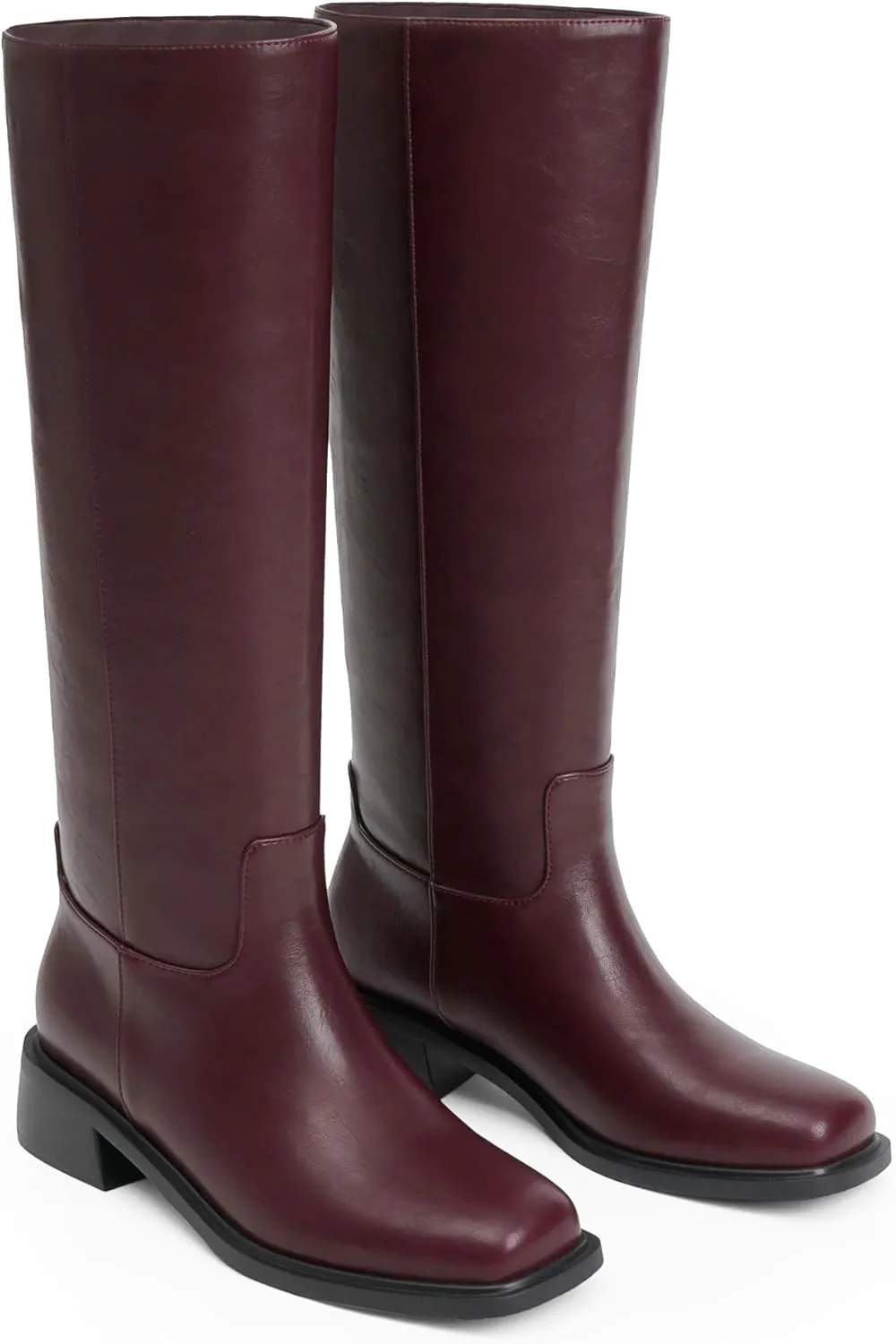 Knee High Boots Women Faux Leather Slip on Boots Low Heel Square Toe Fall Long Tall Boots for Women