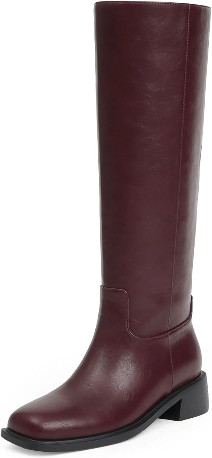 Knee High Boots Women Faux Leather Slip on Boots Low Heel Square Toe Fall Long Tall Boots for Women