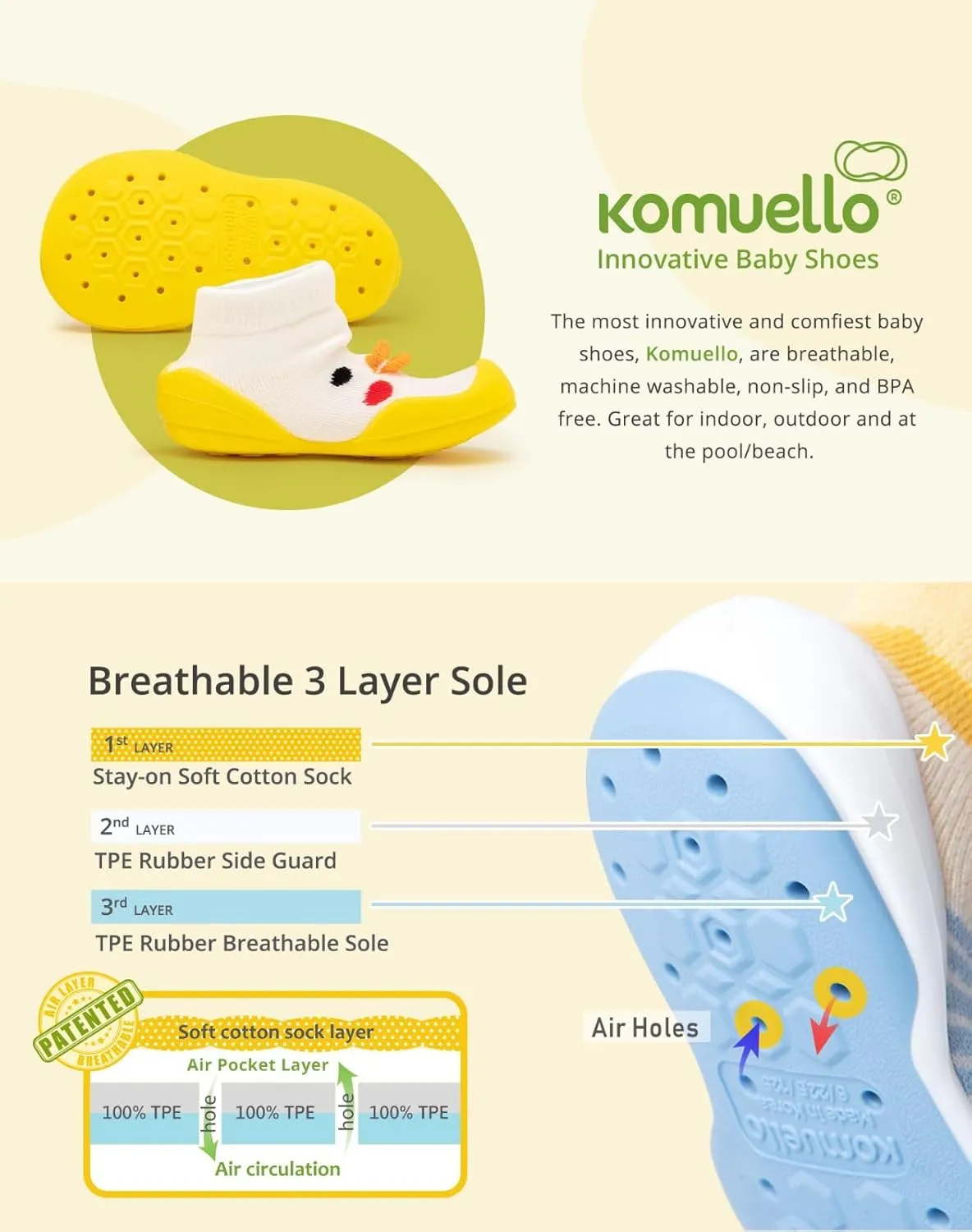 Komuello Toddler Girl Shoes, Premium Materials, Breathable, Washable, Non-Slip, Stay-On, Cotton Socks with Air Pocket Cushion for Indoor and Outdoor - BPA Free Toddler Shoes for Girls
