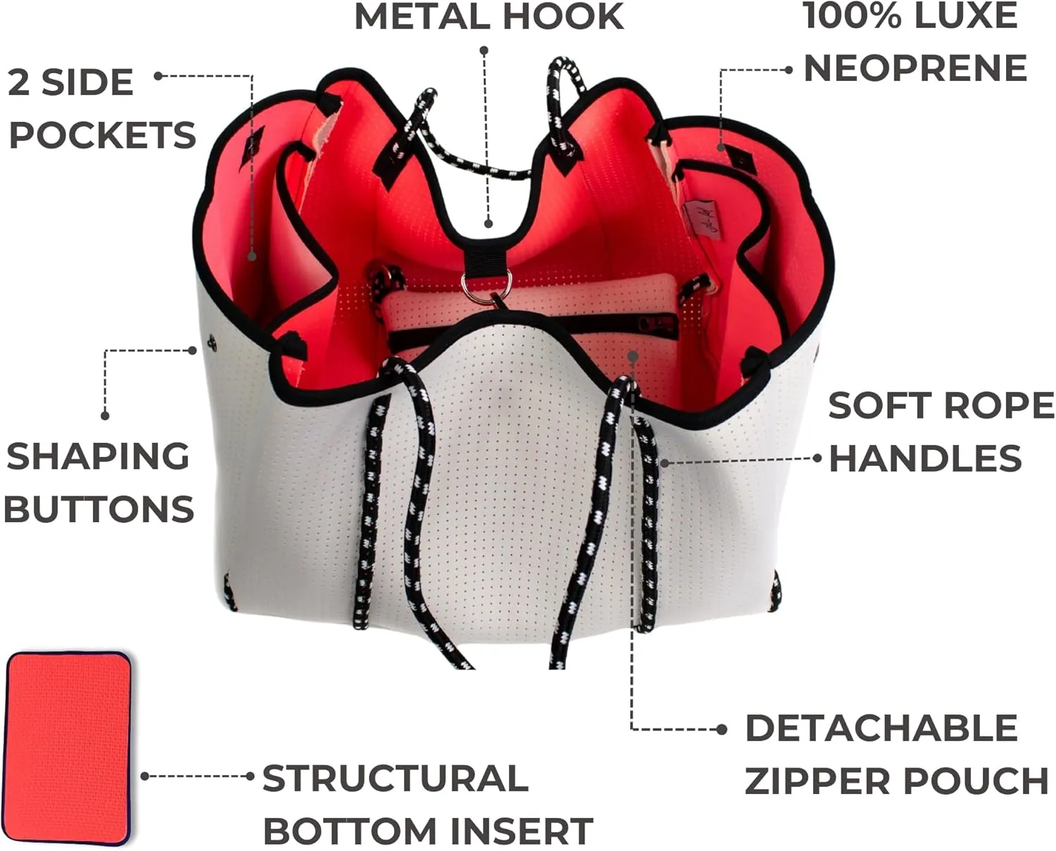Large Neoprene Tote Bag for Women - Everyday Designer Handbag for Travel Work and Beach with Pockets and Zipper Pouch