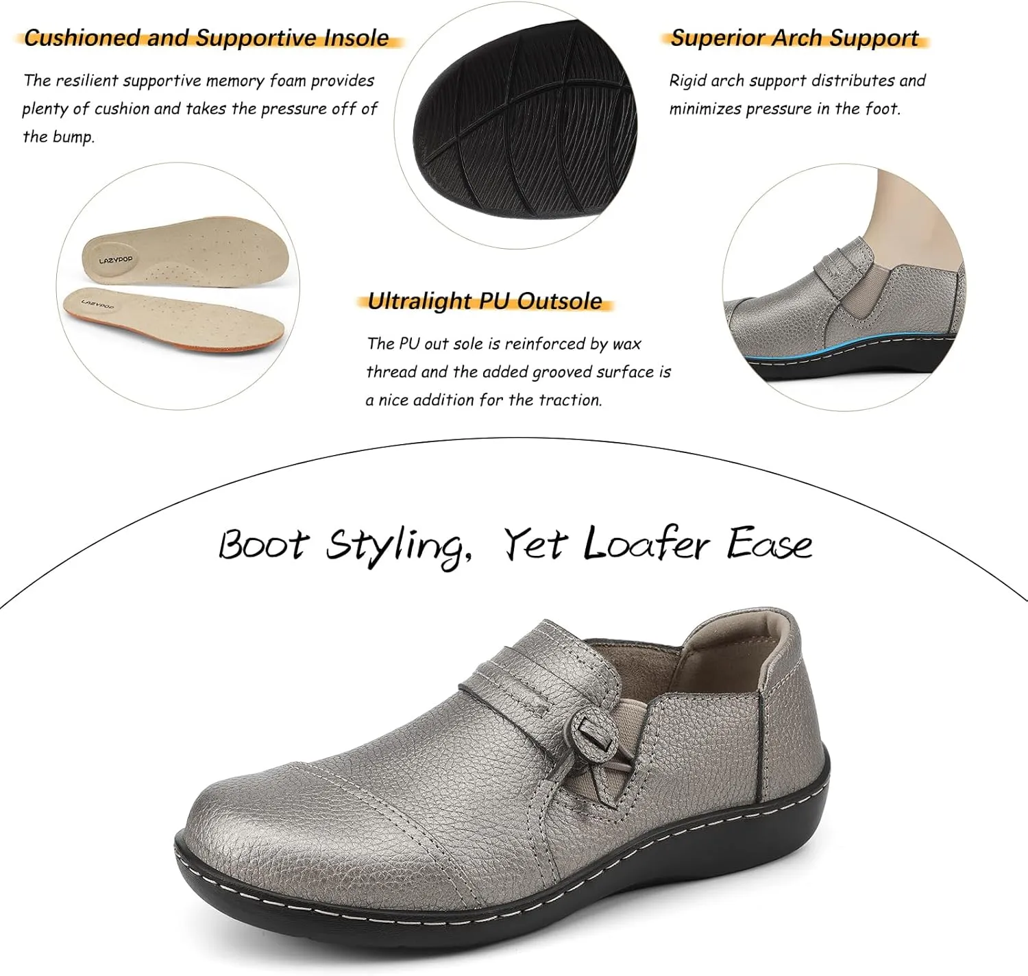 LAZYPOP Women's Classic Comfort Leather Loafers Cute Slip-Ons Casual Dress Shoes Lightweight Walking Flats Everyday Work Shoes