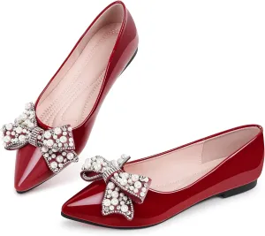 Leather Flats for Women Bling Rhinestone Pointed Non Slip Comfort Slip on Breathable Wedding Dress Ballet Flats Shoes