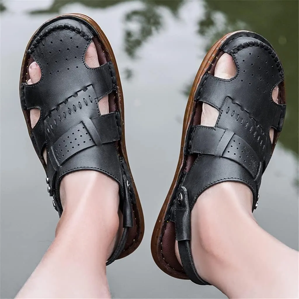 Leather Men Sandals Male Shoes Outdoor Casual Sandals Cowhide Beach Shoes Two Uses Men's Sandals(D,41 Code)