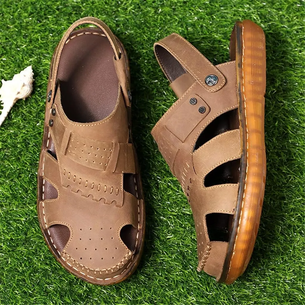 Leather Men Sandals Male Shoes Outdoor Casual Sandals Cowhide Beach Shoes Two Uses Men's Sandals(D,41 Code)