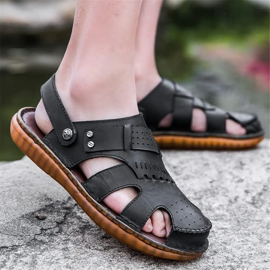 Leather Men Sandals Male Shoes Outdoor Casual Sandals Cowhide Beach Shoes Two Uses Men's Sandals(D,41 Code)