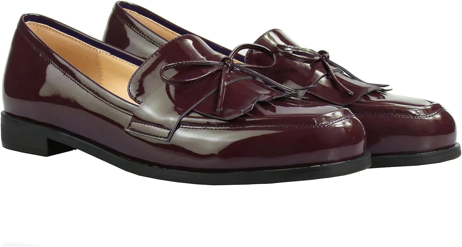 LEMUTISME Women's Trendy Patent Leather Comfort Casual Closed Round Toe Slip On Bow-Knot Dress Flat Loafers Pump Shoes with Tassal