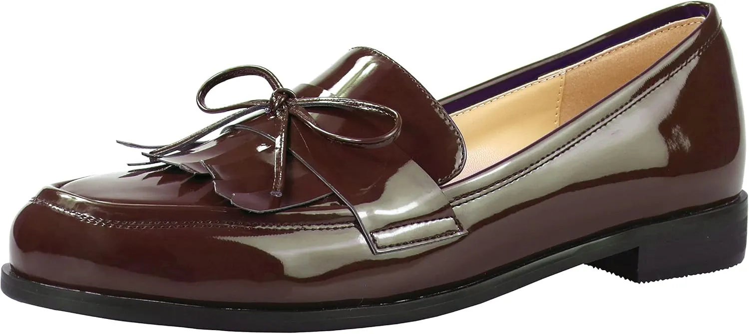 LEMUTISME Women's Trendy Patent Leather Comfort Casual Closed Round Toe Slip On Bow-Knot Dress Flat Loafers Pump Shoes with Tassal