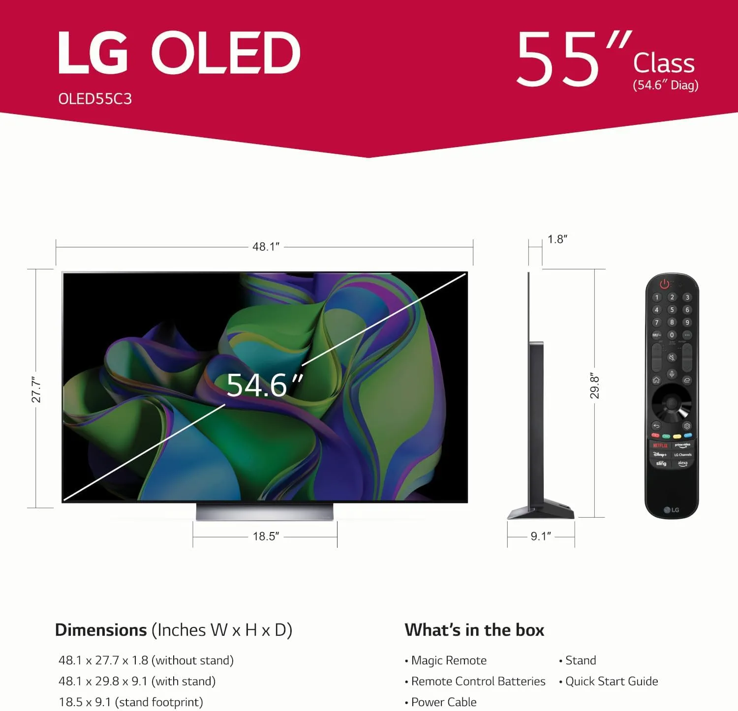 LG C3 Series 55-Inch Class OLED evo 4K Processor Smart Flat Screen TV for Gaming with Magic Remote AI-Powered OLED55C3PUA, 120Hz Refresh rate, 2023 with Alexa Built-in