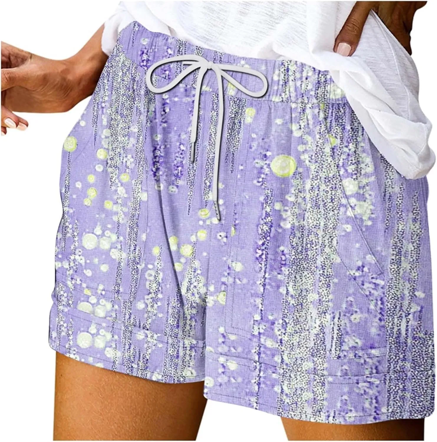 Lightweight Summer Shorts for Women Trendy Baggy Casual Beach Vacation Drawstring Print Mini Shorts with Pockets