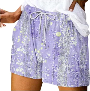 Lightweight Summer Shorts for Women Trendy Baggy Casual Beach Vacation Drawstring Print Mini Shorts with Pockets