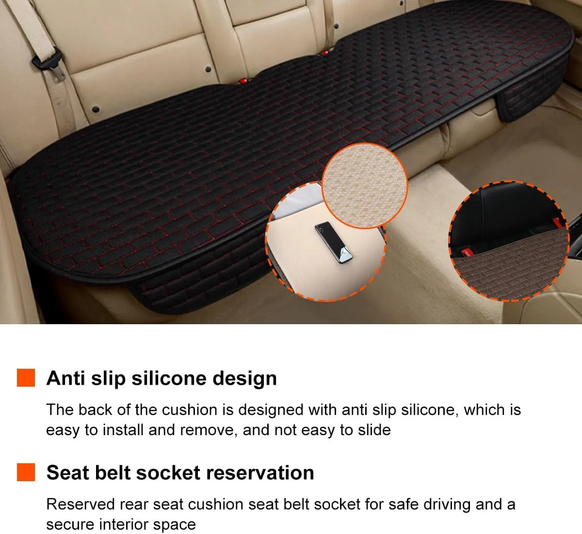 Linen Back Car Seat Cover, Anti-Slip Long Bottom Rear Seat Cover Protector with Storage Pockets, Breathable Linen Rear Bench Seat Protector Cushion Pad for Most Vehicles (Black & Red)