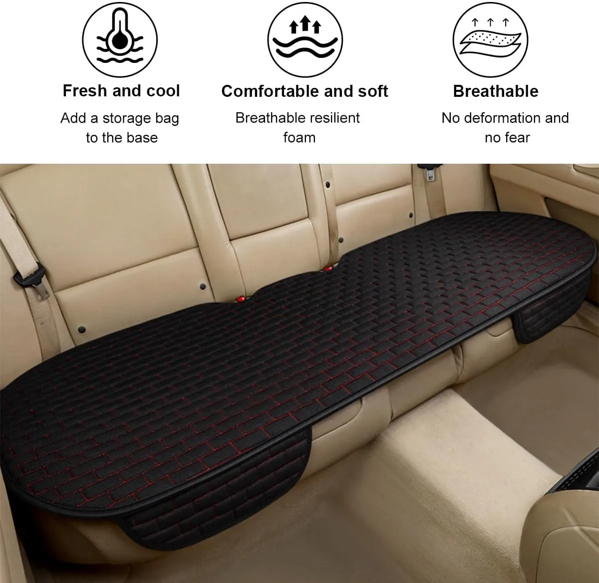 Linen Back Car Seat Cover, Anti-Slip Long Bottom Rear Seat Cover Protector with Storage Pockets, Breathable Linen Rear Bench Seat Protector Cushion Pad for Most Vehicles (Black & Red)