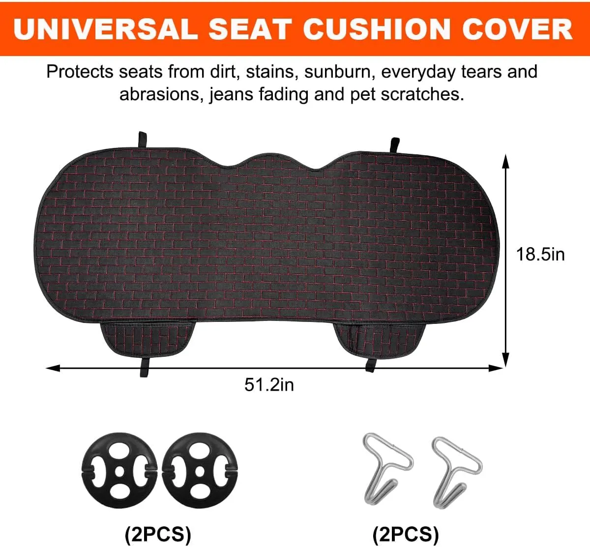 Linen Back Car Seat Cover, Anti-Slip Long Bottom Rear Seat Cover Protector with Storage Pockets, Breathable Linen Rear Bench Seat Protector Cushion Pad for Most Vehicles (Black & Red)