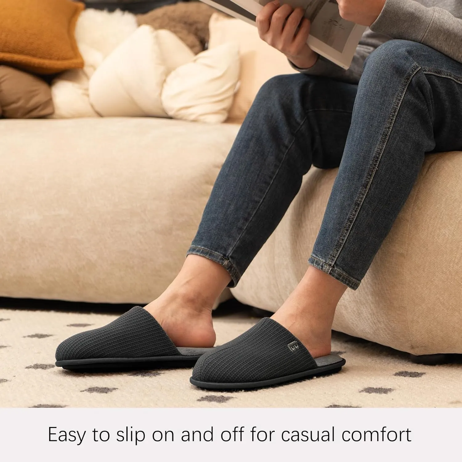 LongBay Mens House Slippers Comfy Knit Scuff Lightweight Memory Foam Slip On Bedroom Shoes for Indoor Outdoor Travel