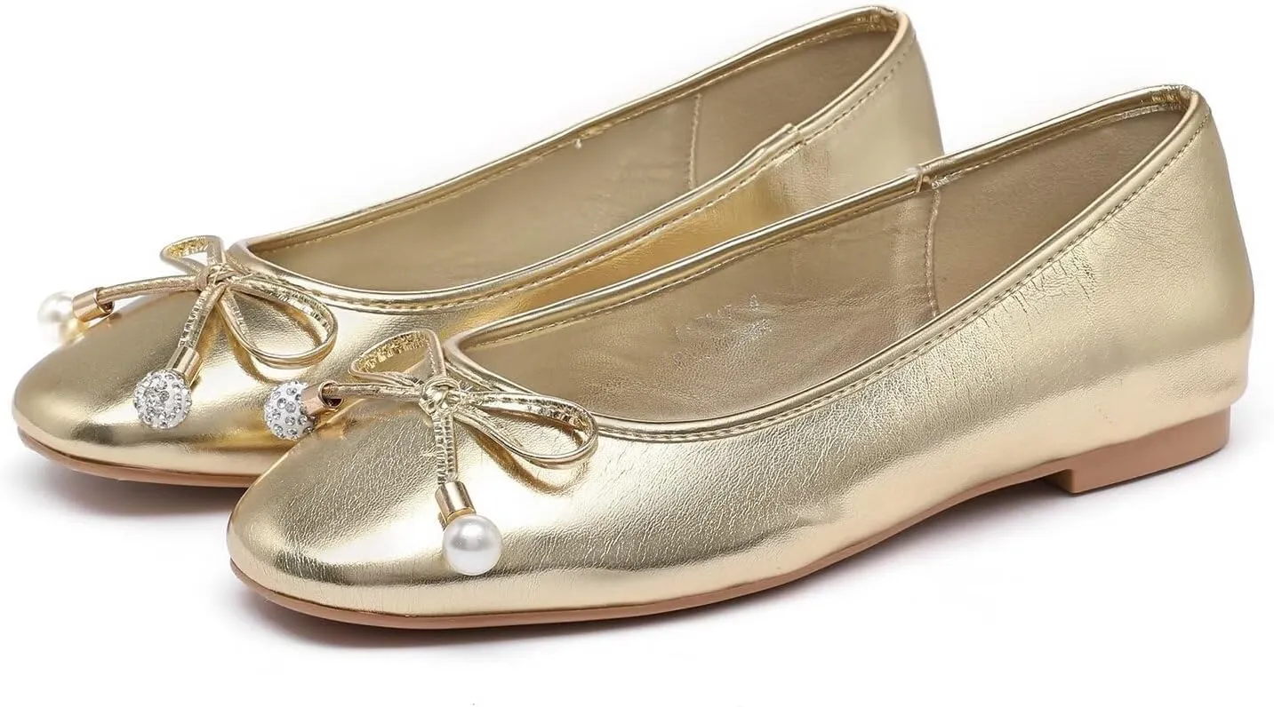 Lryweisy Women's Flats Bow Knit Mary Jane Pearl Ballet Comfortable Dressy Shoes