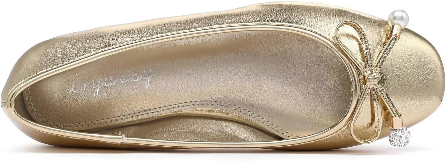 Lryweisy Women's Flats Bow Knit Mary Jane Pearl Ballet Comfortable Dressy Shoes