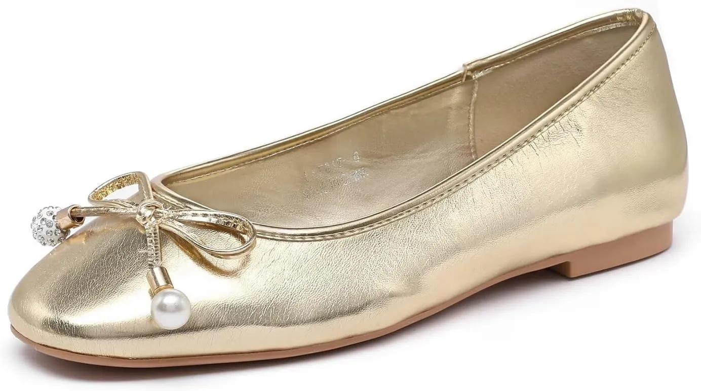 Lryweisy Women's Flats Bow Knit Mary Jane Pearl Ballet Comfortable Dressy Shoes