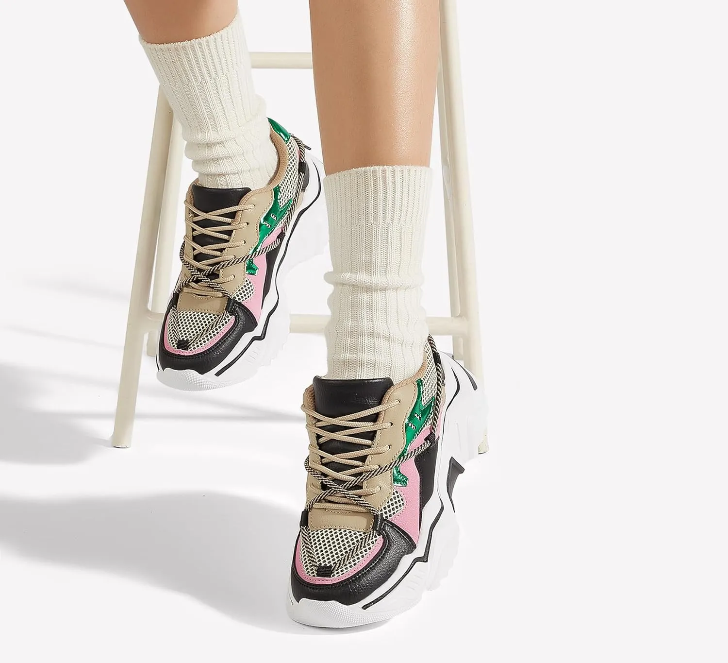 LUCKY STEP Women's Platform Colorful Fashion Sneakers Retro Colorblock Stylish Cute Chunky Dad Walking Shoes