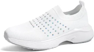LUCKY STEP Women's Rhinestone Walking Shoes Lightweight Breathable Mesh Trainers Casual Slip On Sparkly Sneakers