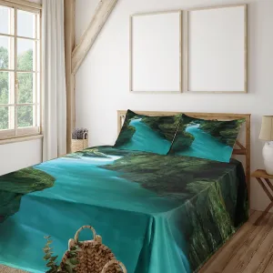 Lunarable Waterfall Sheet Set, Tolminka Alpine River Water and Caves Exotic Nature Travel Picture, Fitted and Flat Sheet with Pillowcase Bedding Accent 3 Piece Set, Twin XL, Turquoise Dark Green