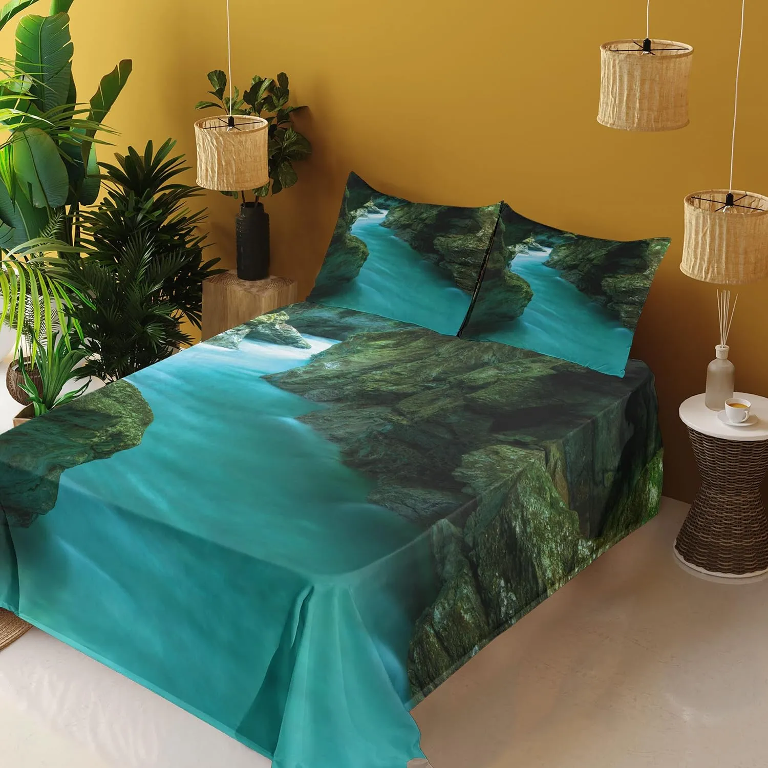 Lunarable Waterfall Sheet Set, Tolminka Alpine River Water and Caves Exotic Nature Travel Picture, Fitted and Flat Sheet with Pillowcase Bedding Accent 3 Piece Set, Twin XL, Turquoise Dark Green