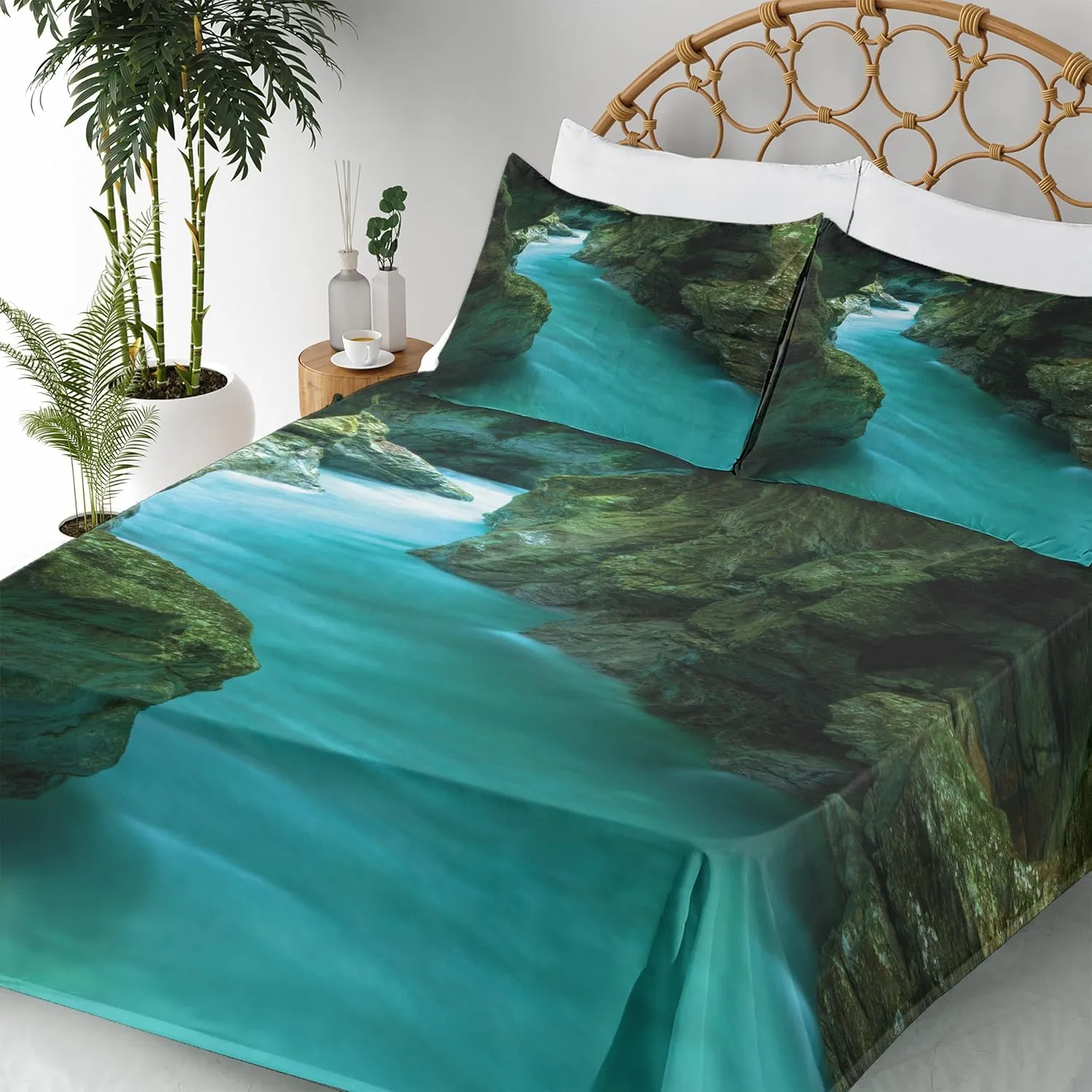 Lunarable Waterfall Sheet Set, Tolminka Alpine River Water and Caves Exotic Nature Travel Picture, Fitted and Flat Sheet with Pillowcase Bedding Accent 3 Piece Set, Twin XL, Turquoise Dark Green
