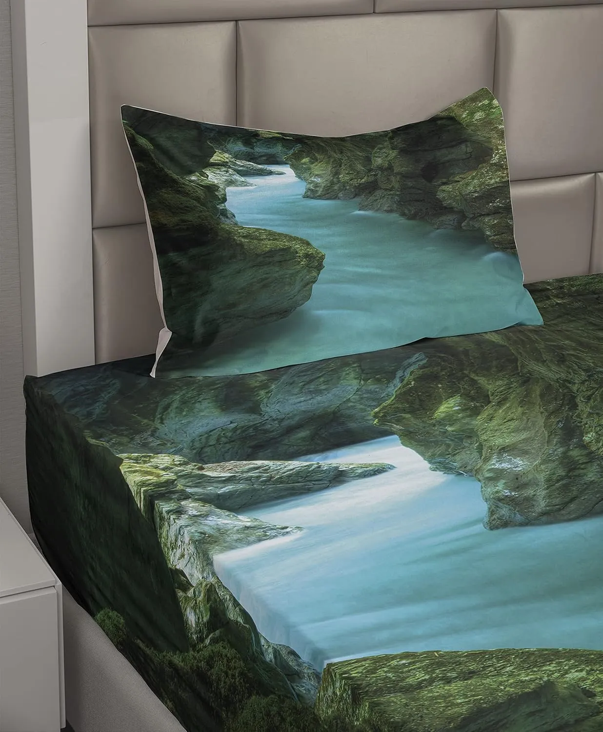 Lunarable Waterfall Sheet Set, Tolminka Alpine River Water and Caves Exotic Nature Travel Picture, Fitted and Flat Sheet with Pillowcase Bedding Accent 3 Piece Set, Twin XL, Turquoise Dark Green