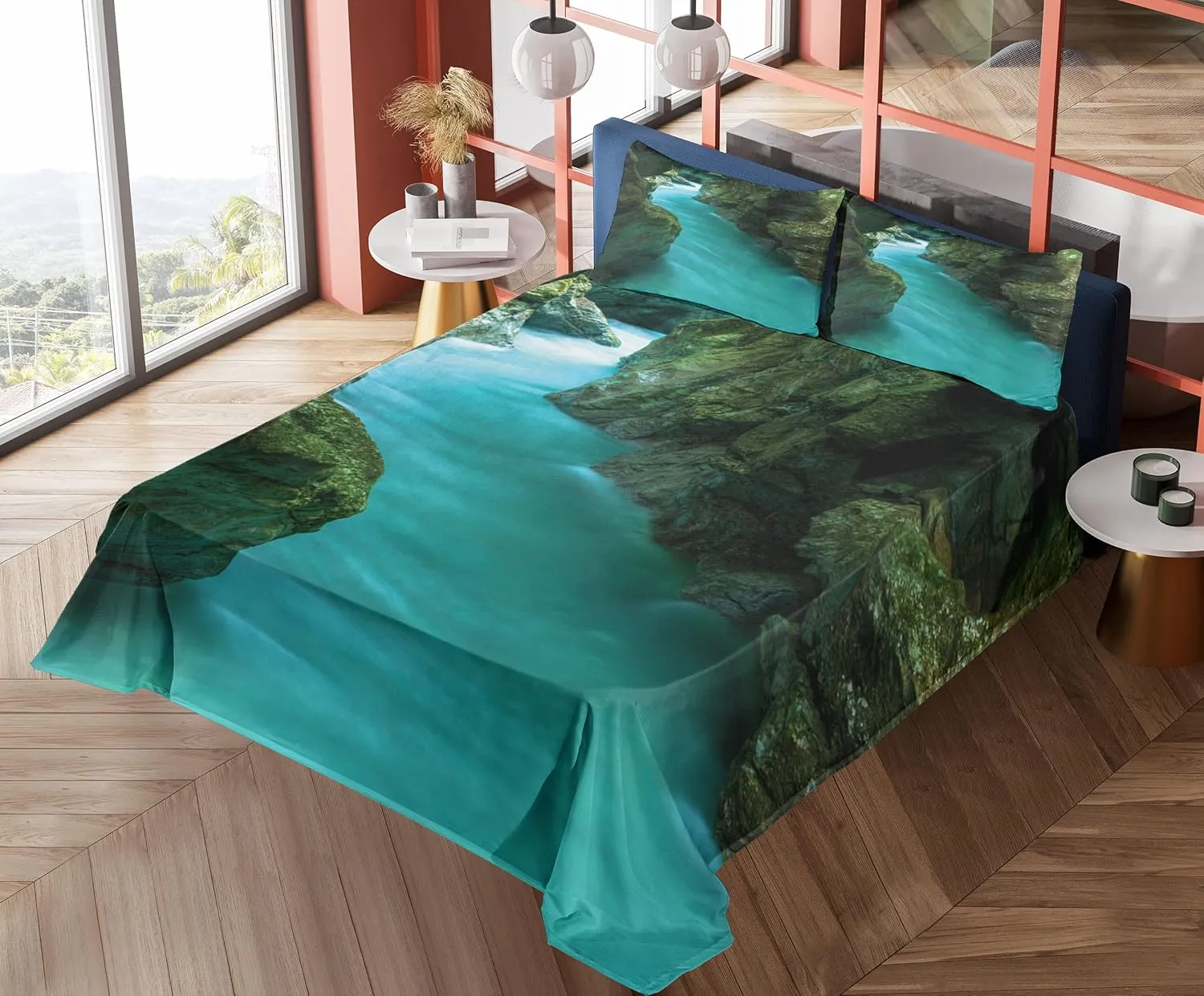 Lunarable Waterfall Sheet Set, Tolminka Alpine River Water and Caves Exotic Nature Travel Picture, Fitted and Flat Sheet with Pillowcase Bedding Accent 3 Piece Set, Twin XL, Turquoise Dark Green