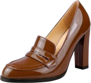 Lutalica W Women's Handmade Closed Round Toe Patent Leather Slip On Dressy Chunky High Heel Loafer Pumps Shoes for Work Party Evening
